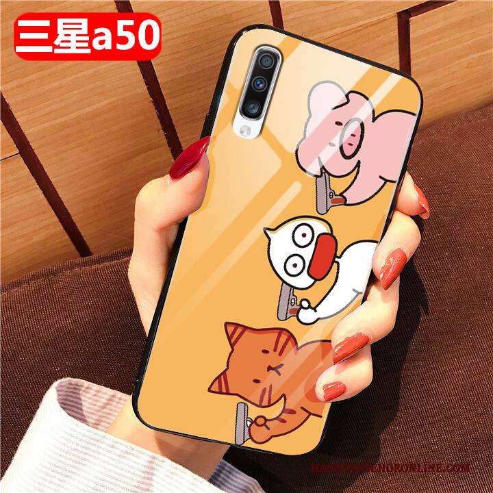 Hülle Samsung Galaxy A50 Karikatur Gelb Glas, Case Samsung Galaxy A50 Weiche Handyhüllen Anti-sturz