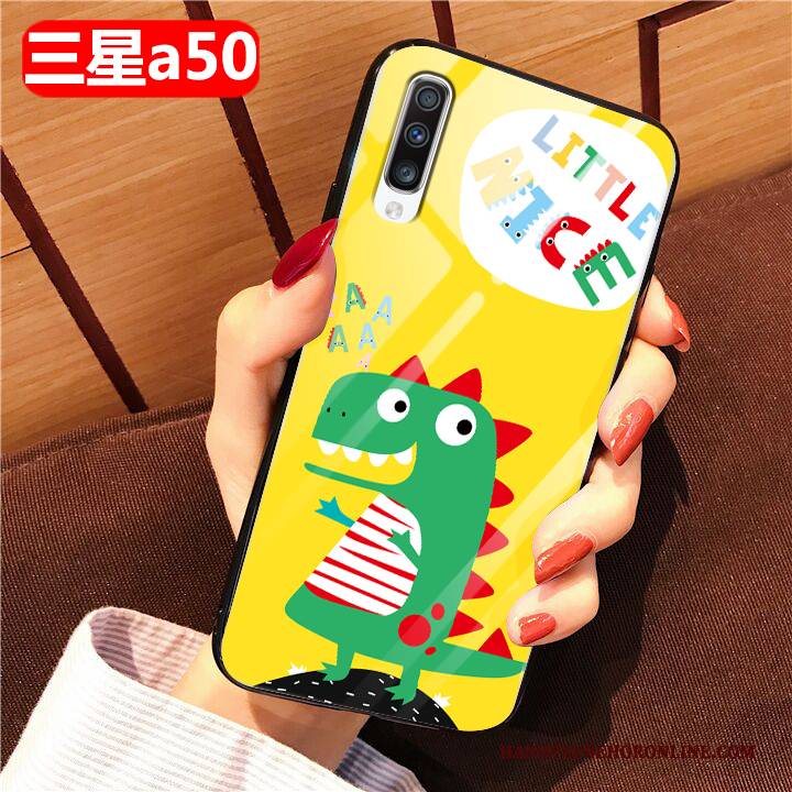 Hülle Samsung Galaxy A50 Karikatur Gelb Glas, Case Samsung Galaxy A50 Weiche Handyhüllen Anti-sturz