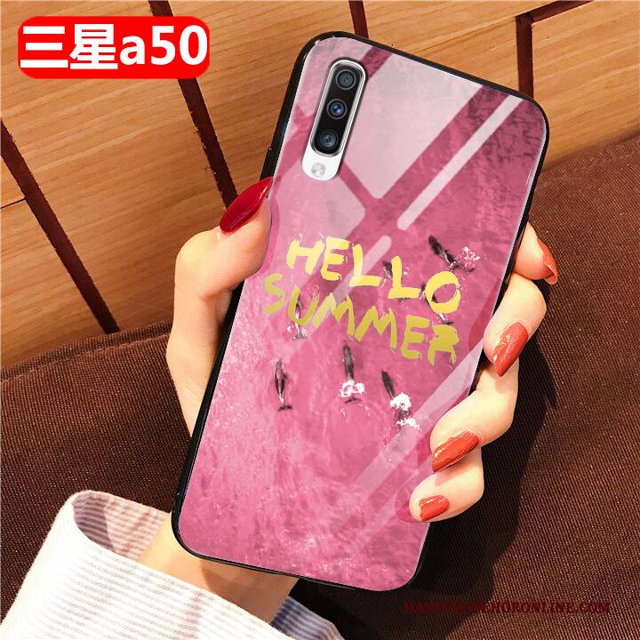 Hülle Samsung Galaxy A50 Schutz Glas Handyhüllen, Case Samsung Galaxy A50 Karikatur Anti-sturz Rosa