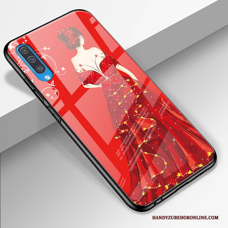 Hülle Samsung Galaxy A50 Taschen Anti-sturz Glas, Case Samsung Galaxy A50 Schutz Garn Rot