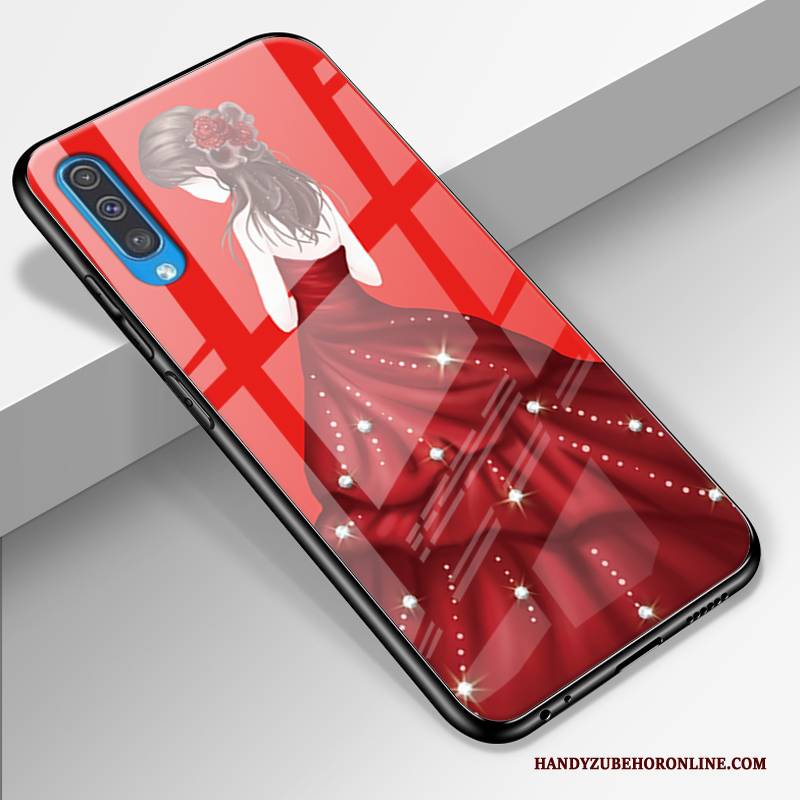 Hülle Samsung Galaxy A50 Taschen Anti-sturz Glas, Case Samsung Galaxy A50 Schutz Garn Rot