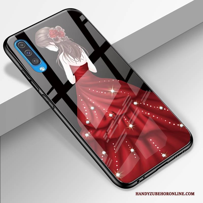 Hülle Samsung Galaxy A50 Taschen Anti-sturz Glas, Case Samsung Galaxy A50 Schutz Garn Rot