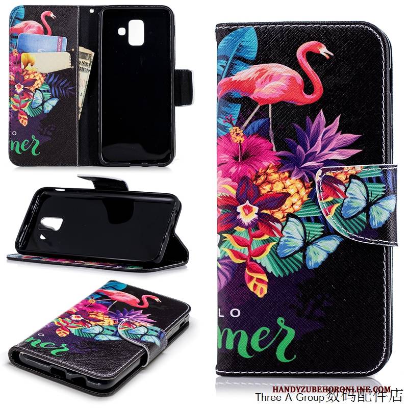 Hülle Samsung Galaxy A6+ Karikatur Handyhüllen Schwarz, Case Samsung Galaxy A6+ Folio Persönlichkeit