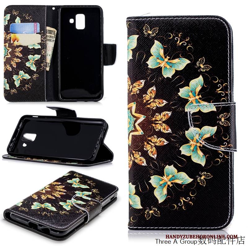 Hülle Samsung Galaxy A6+ Karikatur Handyhüllen Schwarz, Case Samsung Galaxy A6+ Folio Persönlichkeit