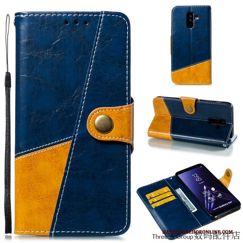 Hülle Samsung Galaxy A6+ Lederhülle Handyhüllen Business, Case Samsung Galaxy A6+ Folio Blau