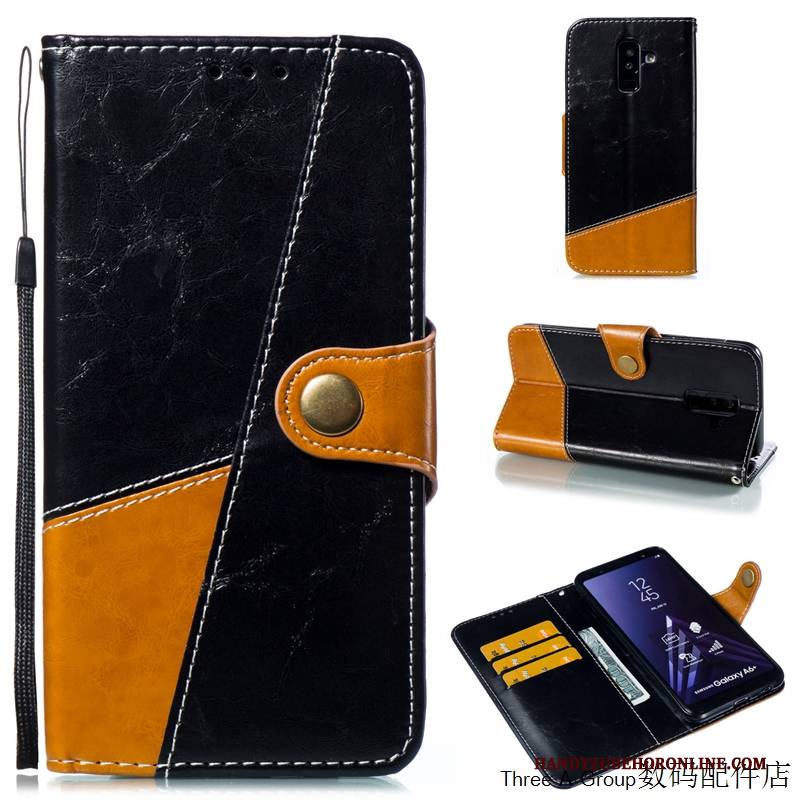 Hülle Samsung Galaxy A6+ Lederhülle Handyhüllen Business, Case Samsung Galaxy A6+ Folio Blau