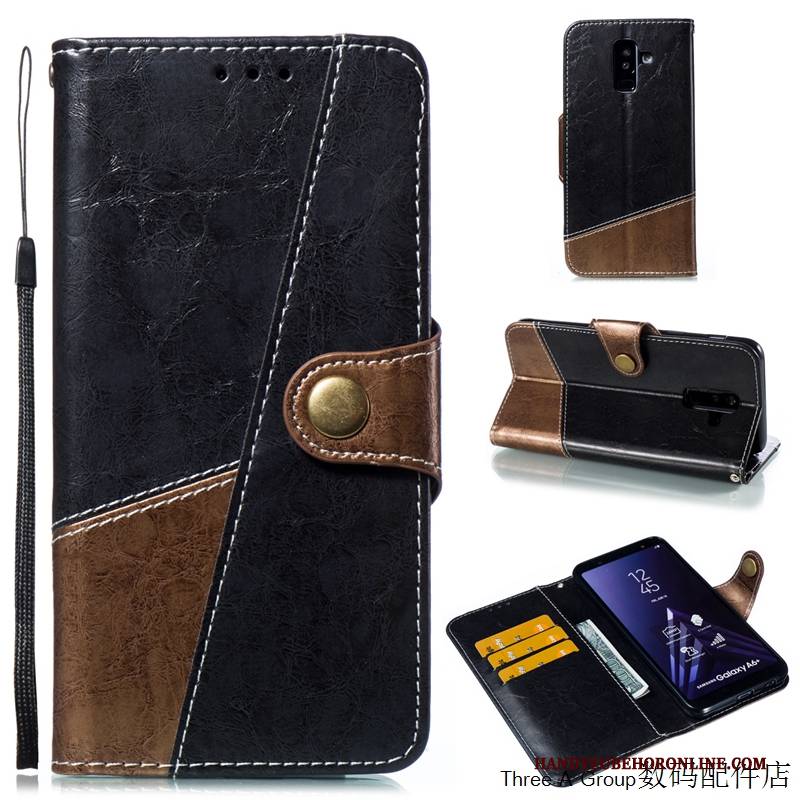 Hülle Samsung Galaxy A6+ Lederhülle Handyhüllen Business, Case Samsung Galaxy A6+ Folio Blau