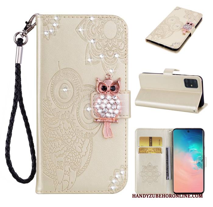 Hülle Samsung Galaxy A71 Lederhülle Katzen Rosegold, Case Samsung Galaxy A71 Folio Handyhüllen