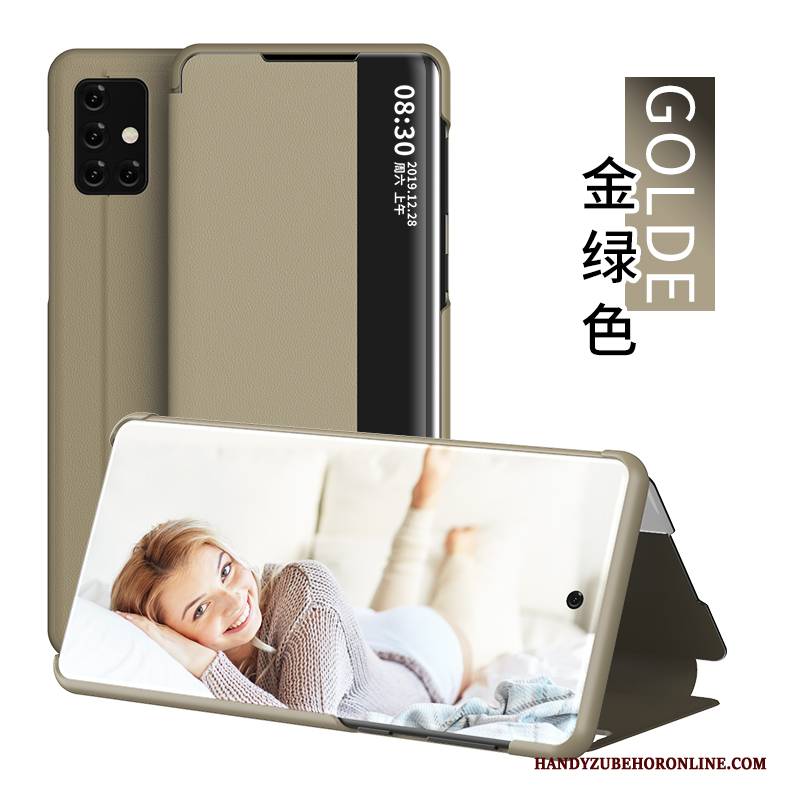 Hülle Samsung Galaxy A71 Lederhülle Membran Windows, Case Samsung Galaxy A71 Folio Handyhüllen Grün