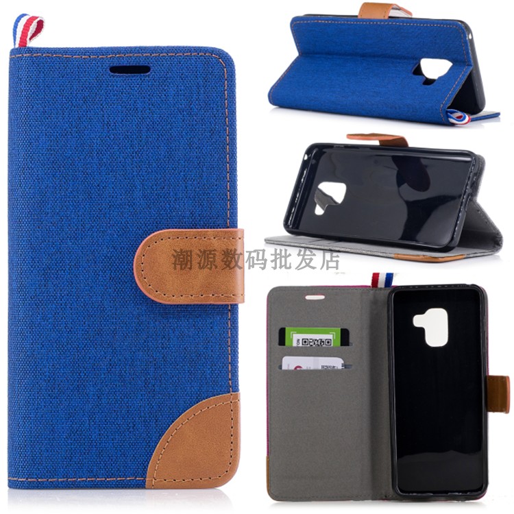 Hülle Samsung Galaxy A8 2018 Lederhülle Anti-sturz Handyhüllen, Case Samsung Galaxy A8 2018 Folio Denim Karte