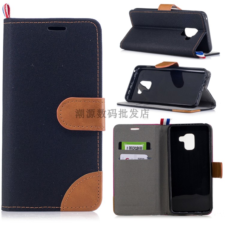 Hülle Samsung Galaxy A8 2018 Lederhülle Anti-sturz Handyhüllen, Case Samsung Galaxy A8 2018 Folio Denim Karte