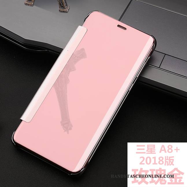 Hülle Samsung Galaxy A8+ Schutz Spiegel Anti-sturz, Case Samsung Galaxy A8+ Lederhülle Überzug Rosa