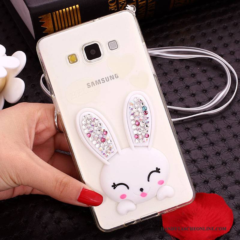 Hülle Samsung Galaxy J7 2015 Schutz Handyhüllen Weiß, Case Samsung Galaxy J7 2015 Strass Häschen Pelzball