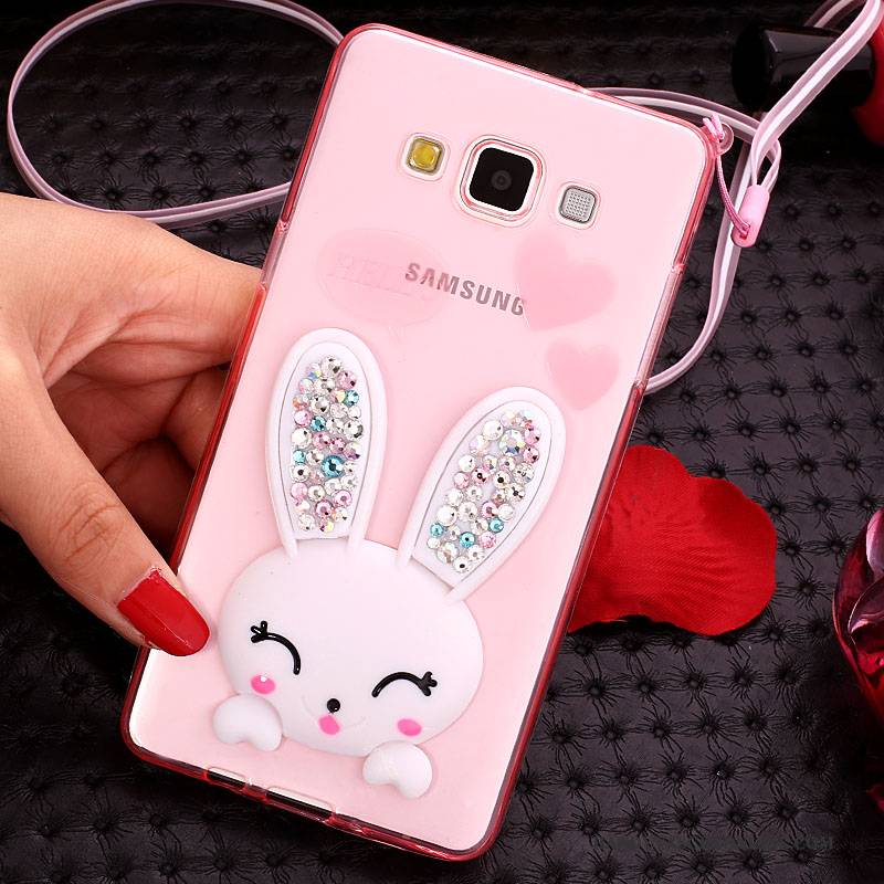 Hülle Samsung Galaxy J7 2015 Schutz Handyhüllen Weiß, Case Samsung Galaxy J7 2015 Strass Häschen Pelzball