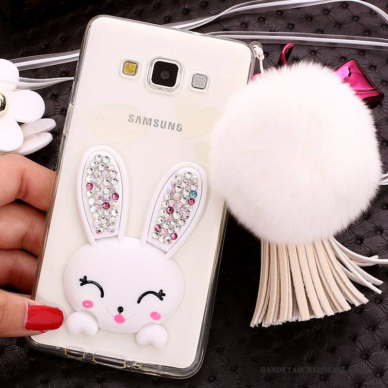 Hülle Samsung Galaxy J7 2015 Schutz Handyhüllen Weiß, Case Samsung Galaxy J7 2015 Strass Häschen Pelzball