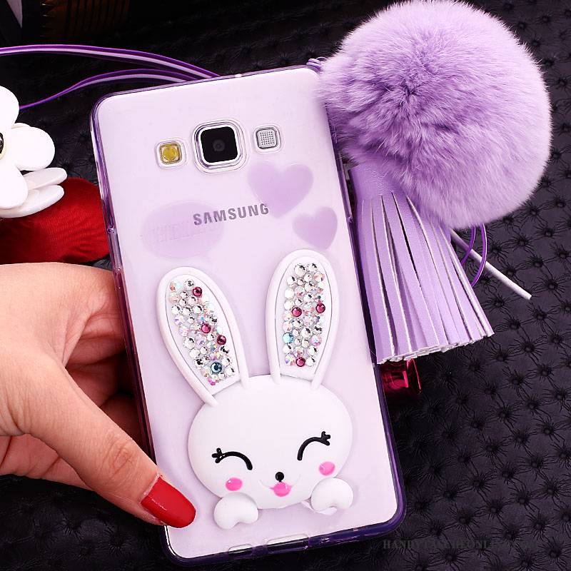 Hülle Samsung Galaxy J7 2015 Schutz Handyhüllen Weiß, Case Samsung Galaxy J7 2015 Strass Häschen Pelzball