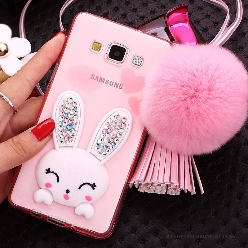 Hülle Samsung Galaxy J7 2015 Schutz Handyhüllen Weiß, Case Samsung Galaxy J7 2015 Strass Häschen Pelzball