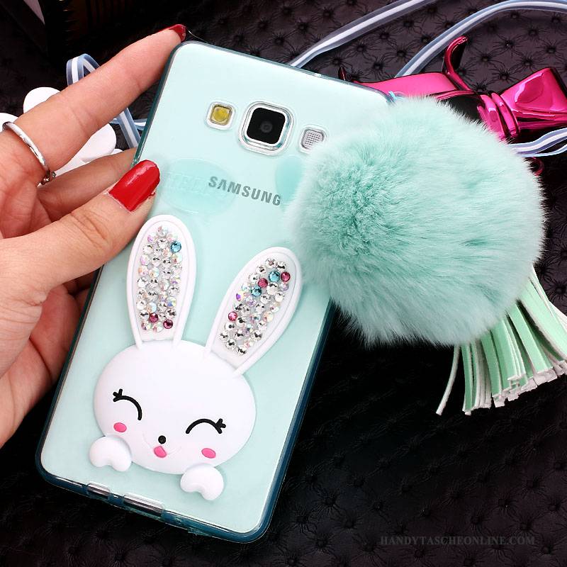 Hülle Samsung Galaxy J7 2015 Schutz Handyhüllen Weiß, Case Samsung Galaxy J7 2015 Strass Häschen Pelzball