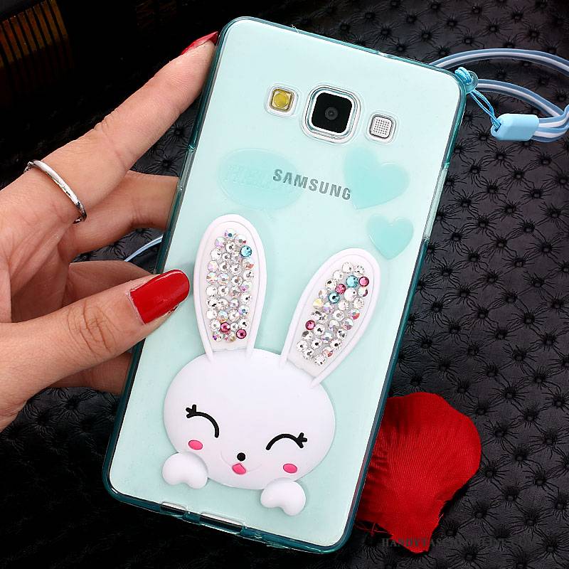 Hülle Samsung Galaxy J7 2015 Schutz Handyhüllen Weiß, Case Samsung Galaxy J7 2015 Strass Häschen Pelzball