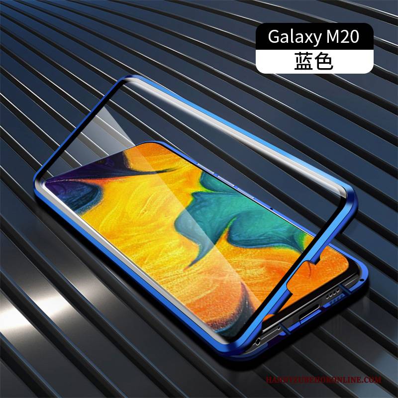 Hülle Samsung Galaxy M20 Metall Doppelseitig Glas, Case Samsung Galaxy M20 Schutz Blau Anti-sturz