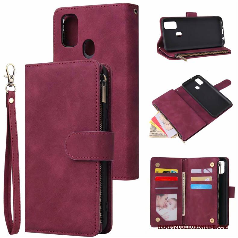 Hülle Samsung Galaxy M30s Geldbörse Handyhüllen Karte, Case Samsung Galaxy M30s Folio Weinrot