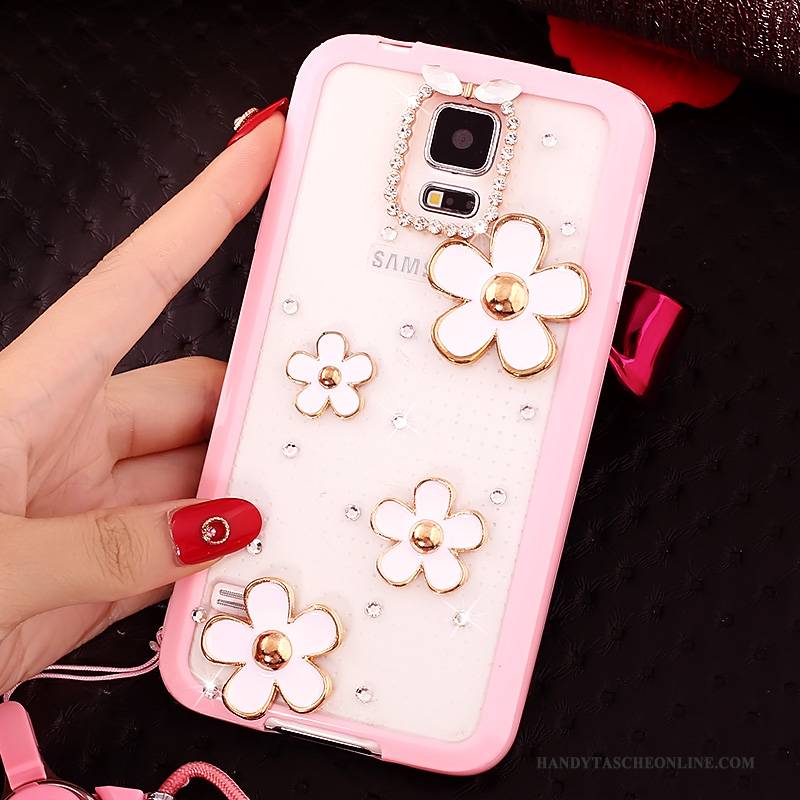 Hülle Samsung Galaxy S5 Weiche Rosa Handyhüllen, Case Samsung Galaxy S5 Strass Anti-sturz Hängender Hals