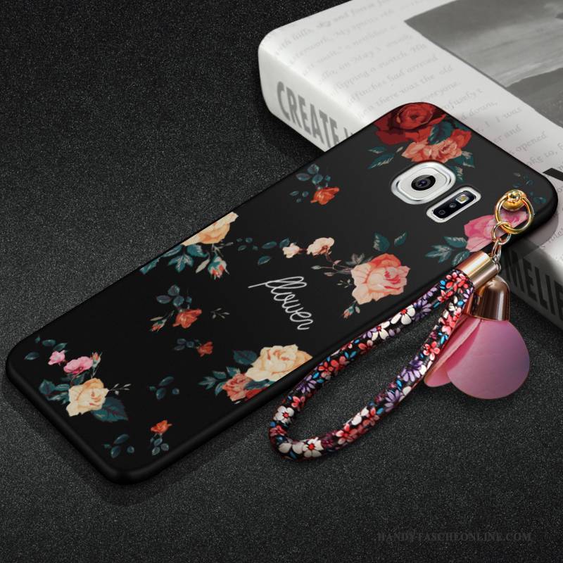 Hülle Samsung Galaxy S6 Edge + Blumen Hängende Verzierungen Handyhüllen, Case Samsung Galaxy S6 Edge + Silikon Nubuck Schwarz