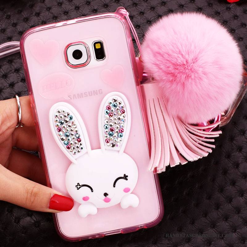 Hülle Samsung Galaxy S6 Schutz Häschen Transparent, Case Samsung Galaxy S6 Strass Pelzball Handyhüllen