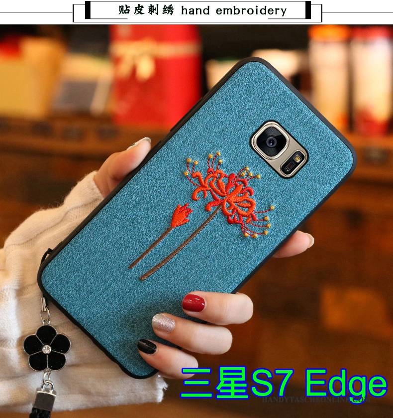 Hülle Samsung Galaxy S7 Edge Taschen Trend Handyhüllen, Case Samsung Galaxy S7 Edge Weiche Stickerei Blau