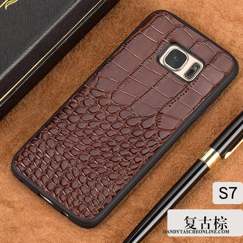 Hülle Samsung Galaxy S7 Lederhülle Schwarz Schwer, Case Samsung Galaxy S7 Taschen Handyhüllen Anti-sturz