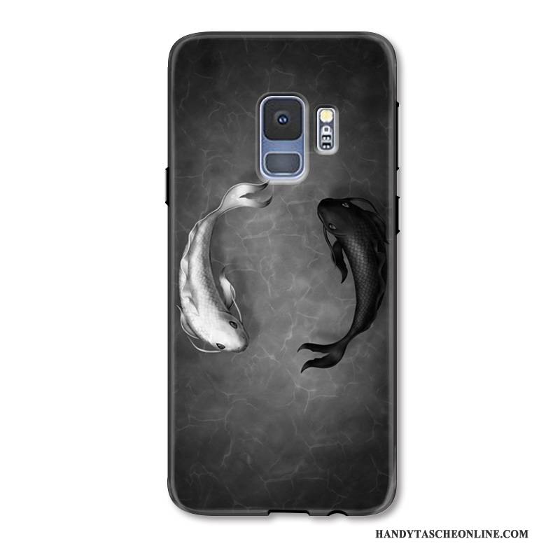 Hülle Samsung Galaxy S9 Prägung Weiß Karpfen, Case Samsung Galaxy S9 Schutz Schwarz Handyhüllen