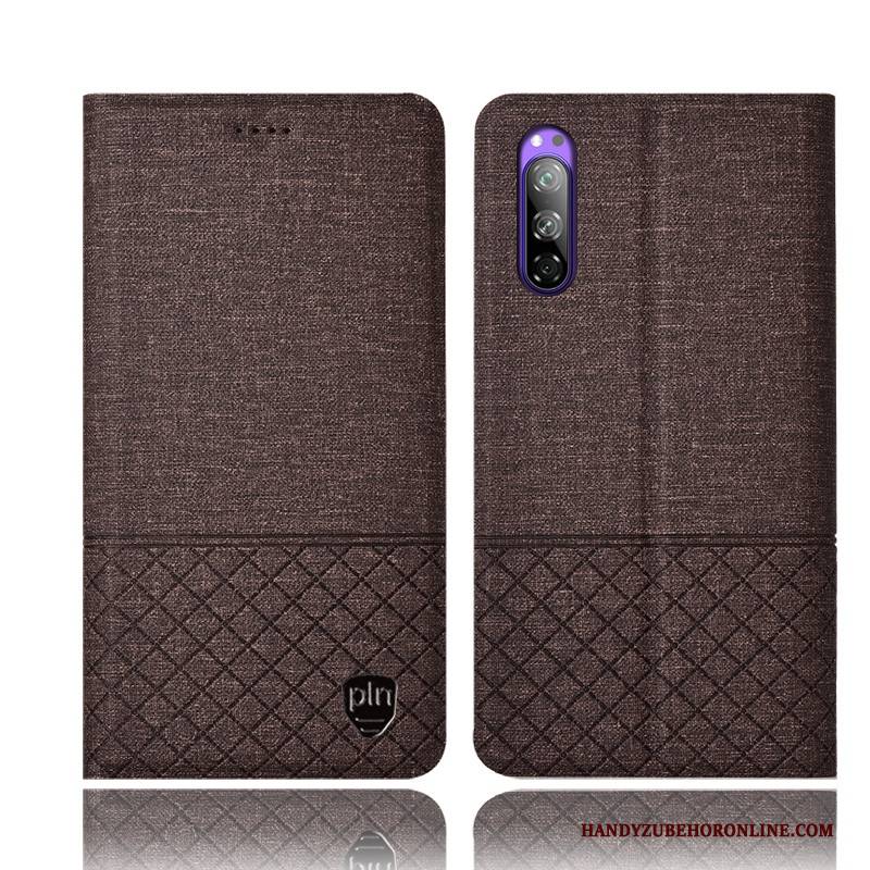 Hülle Sony Xperia 5 Taschen Schwarz Kariert, Case Sony Xperia 5 Folio Handyhüllen Baumwolle Und Leinen