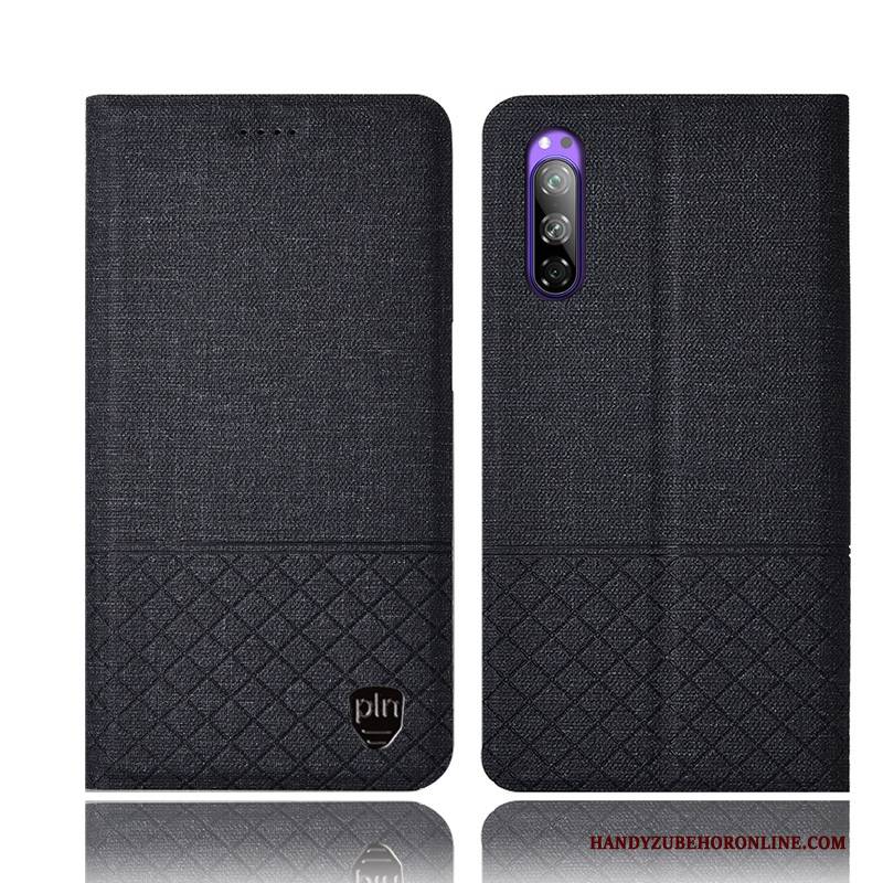 Hülle Sony Xperia 5 Taschen Schwarz Kariert, Case Sony Xperia 5 Folio Handyhüllen Baumwolle Und Leinen