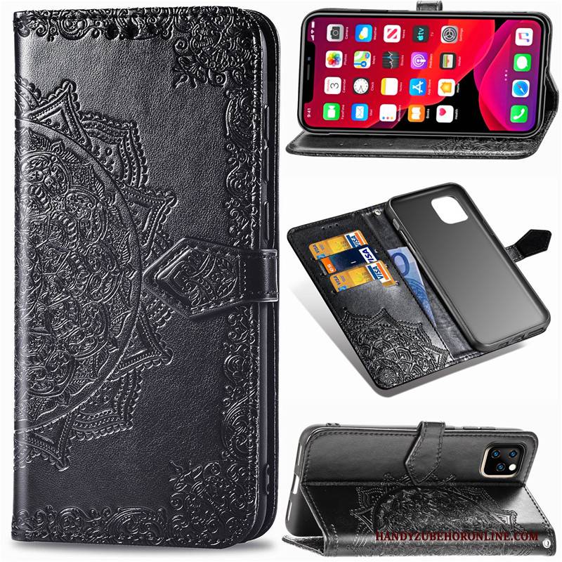 Hülle iPhone 11 Pro Leder Schwarz Handyhüllen, Case iPhone 11 Pro Lederhülle Einfarbig Prägung