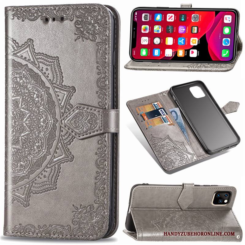 Hülle iPhone 11 Pro Leder Schwarz Handyhüllen, Case iPhone 11 Pro Lederhülle Einfarbig Prägung