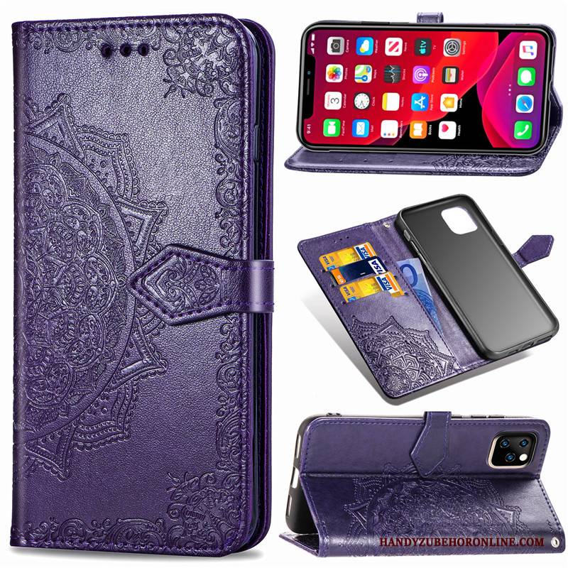 Hülle iPhone 11 Pro Leder Schwarz Handyhüllen, Case iPhone 11 Pro Lederhülle Einfarbig Prägung