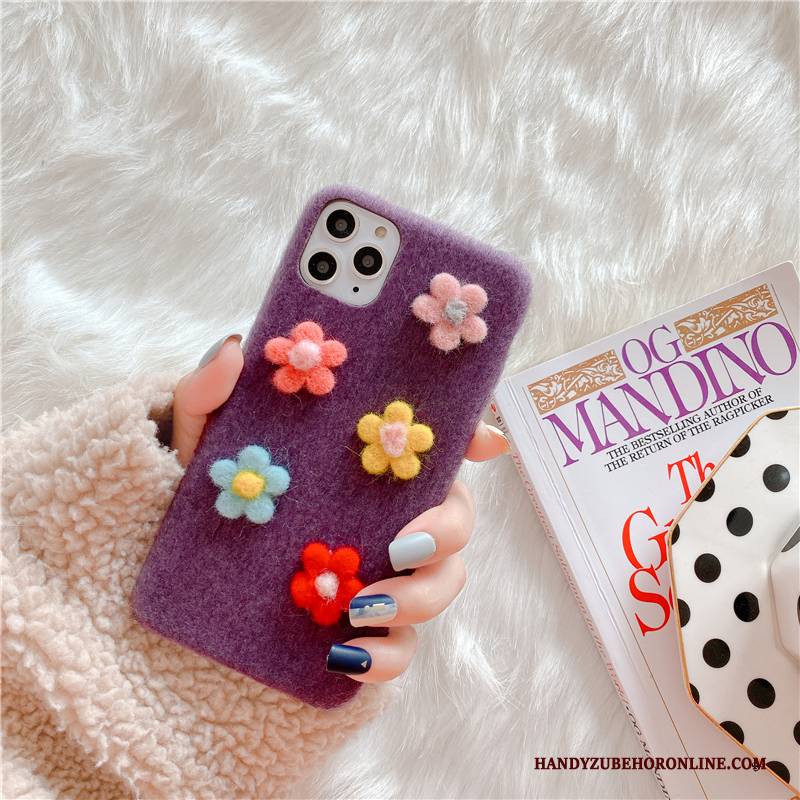 Hülle iPhone 11 Pro Max Kreativ Plüsch Blumen, Case iPhone 11 Pro Max Schutz Lila Handyhüllen