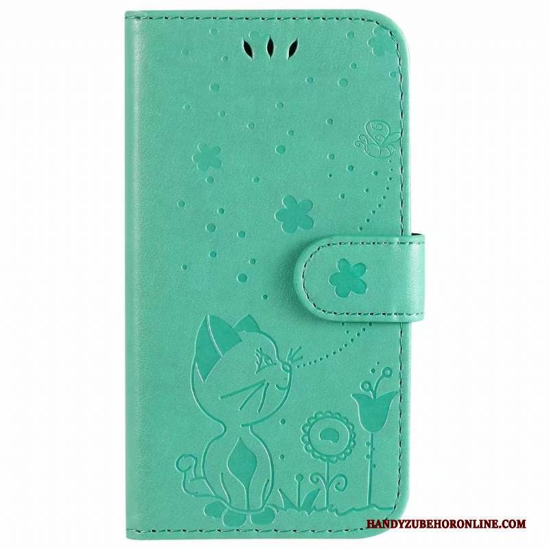 Hülle iPhone 12 Lederhülle Handyhüllen Katzen, Case iPhone 12 Folio Lila