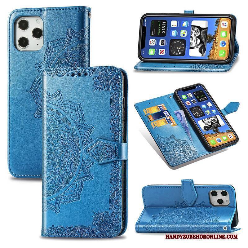 Hülle iPhone 12 Pro Max Prägung Handyhüllen Einfarbig, Case iPhone 12 Pro Max Lederhülle Hängende Verzierungen Blau