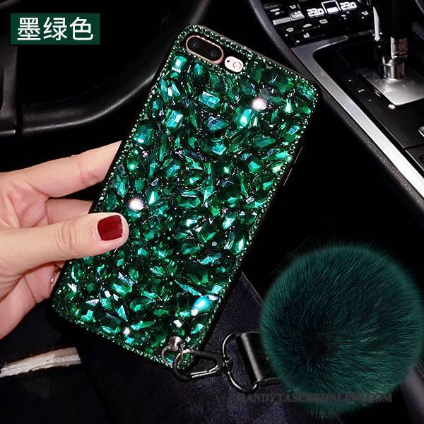 Hülle iPhone 6/6s Luxus Handyhüllen Pelzball, Case iPhone 6/6s Strass Hängende Verzierungen Grün