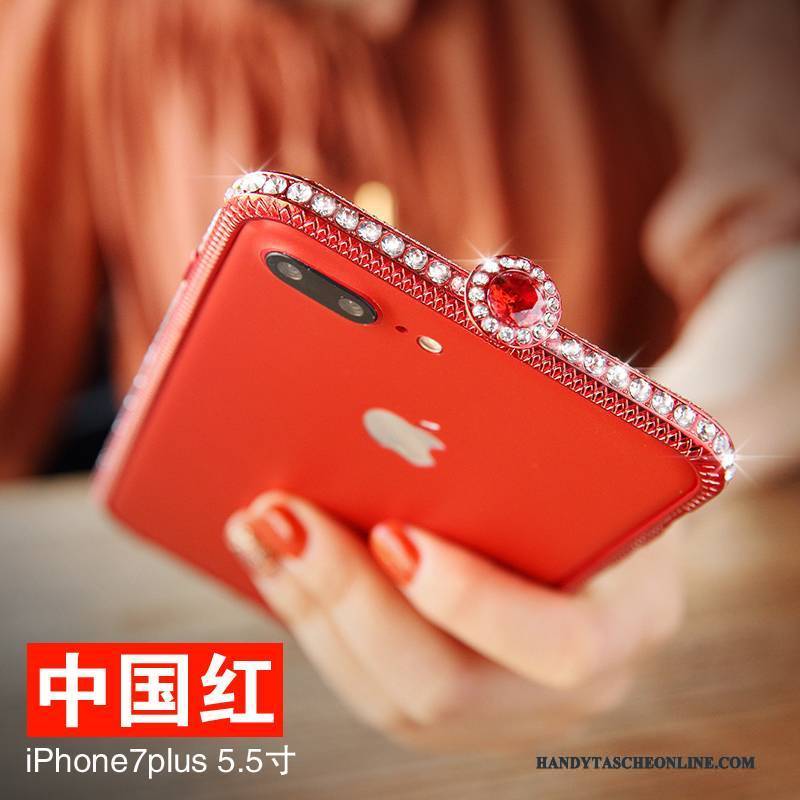 Hülle iPhone 7 Plus Strasssteinen Handyhüllen Rot, Case iPhone 7 Plus Strass Grenze Silber