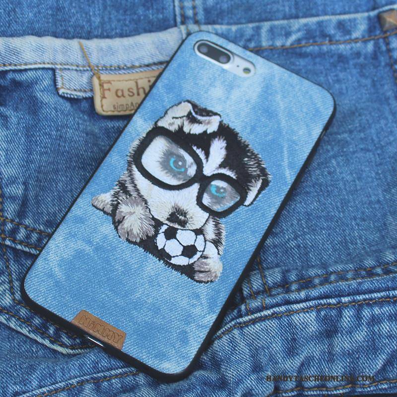 Hülle iPhone 7 Plus Taschen Stickerei Gelb, Case iPhone 7 Plus Silikon Hund Denim