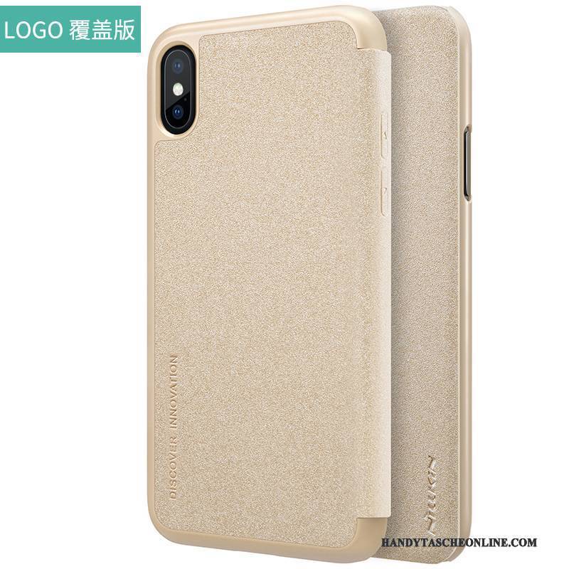 Hülle iPhone X Lederhülle Anti-sturz Handyhüllen, Case iPhone X Folio Gold Rot