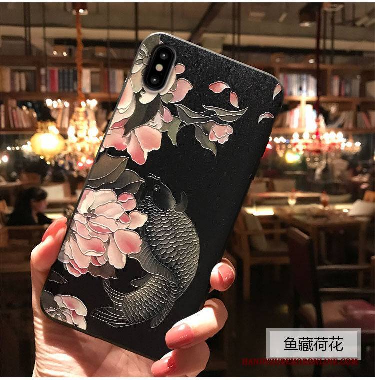 Hülle iPhone Xs Max Retro Chinesische Art Grün, Case iPhone Xs Max Prägung Monat Blumen