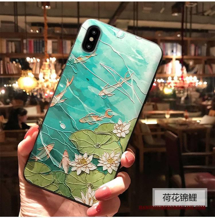 Hülle iPhone Xs Max Retro Chinesische Art Grün, Case iPhone Xs Max Prägung Monat Blumen