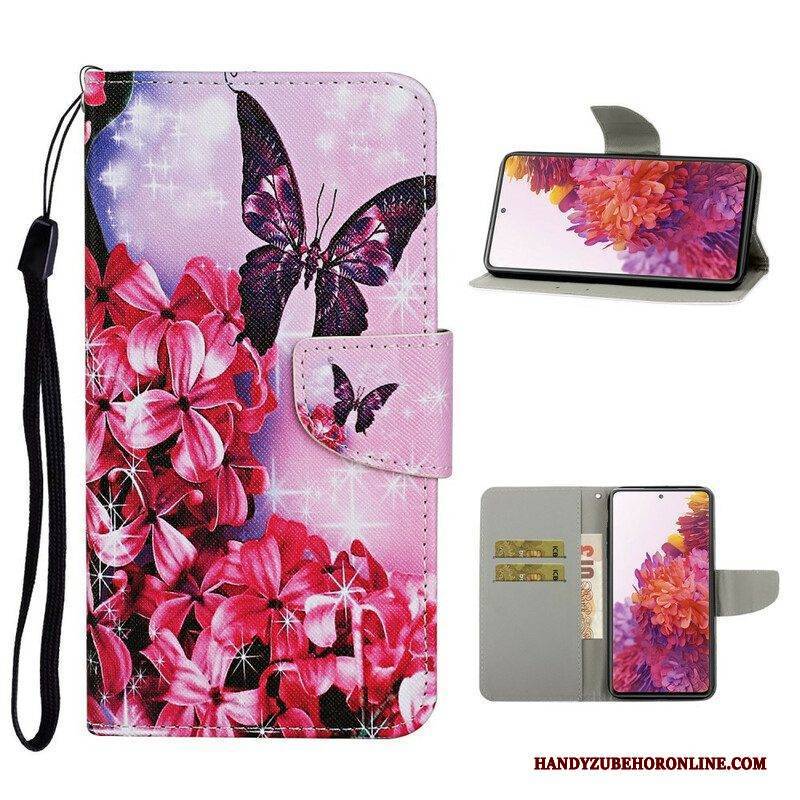 Lederhüllen Für Samsung Galaxy S20 FE Schmetterlinge Und Schlüsselband