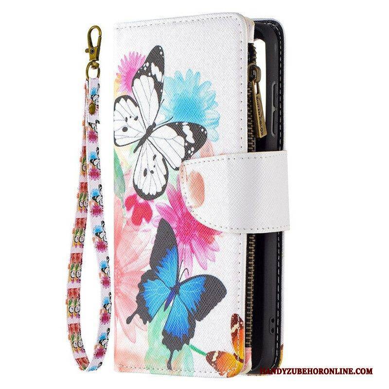 Lederhüllen Für Samsung Galaxy S21 FE Schmetterlinge Schmetterlinge Reißverschlusstasche