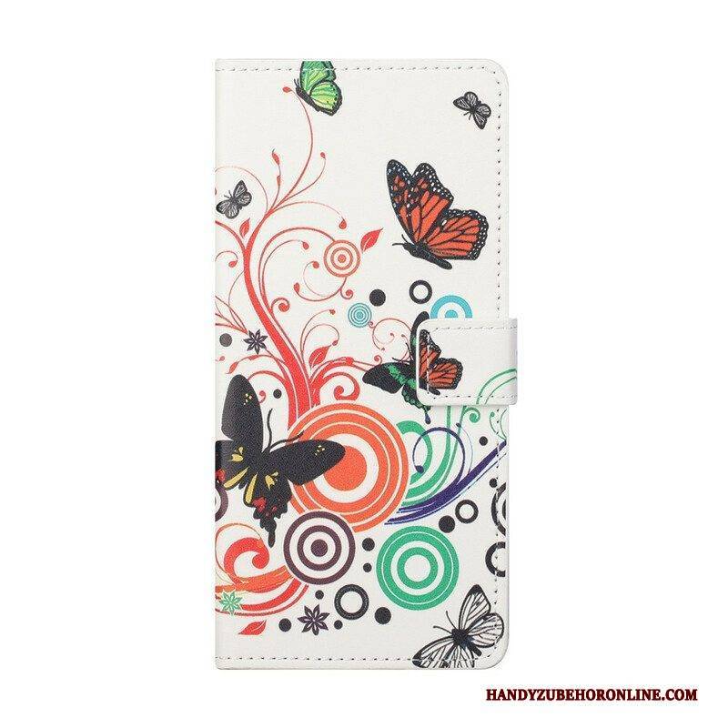 Lederhüllen Für Samsung Galaxy S21 FE Schmetterlinge Und Blumen