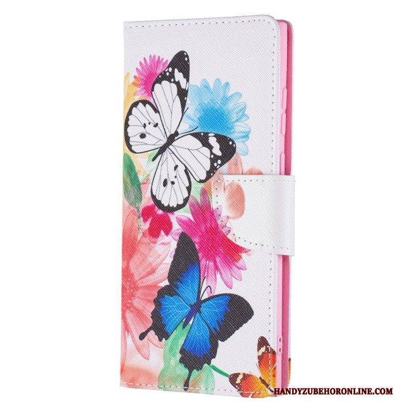 Lederhüllen Für Samsung Galaxy S22 Ultra 5G Bemalte Schmetterlinge Und Blumen