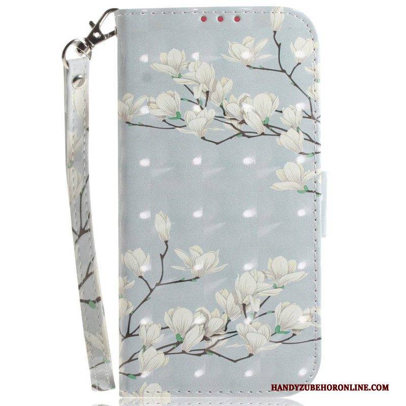 Lederhüllen Für Xiaomi Redmi Note 12 4G Mit Kordel Weiße Riemchenblumen